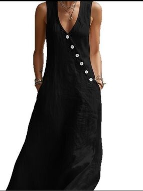 2408 -NWT Black Asymmetric Button Maxi Dress Medium M Boho Stretch Shift Pockets